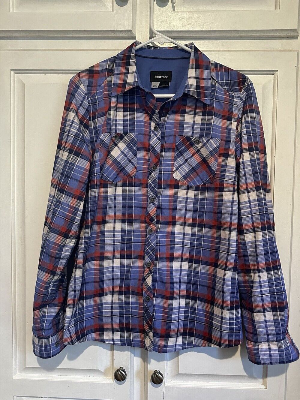 Marmot Shirt Women’s Medium Blue Plaid Long Sleeve Button Up Outdoor Casual